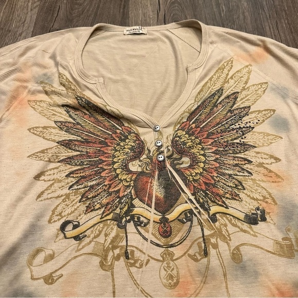 Y2K One World Top Rhinestones Studded Grunge Punk Long Slv Shirt Plus 2X Wings - Picture 2 of 8